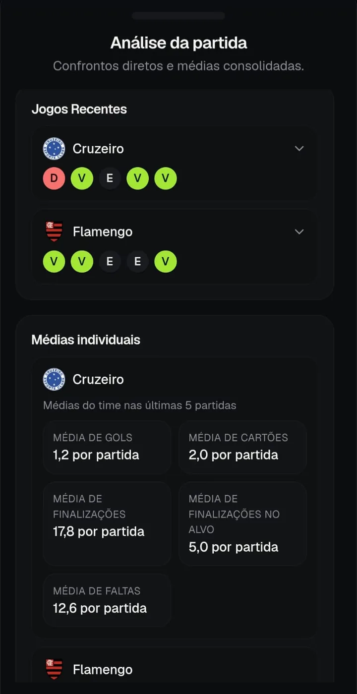 Tela de análise da partida no app TipGestor, com jogos recentes e médias individuais dos times