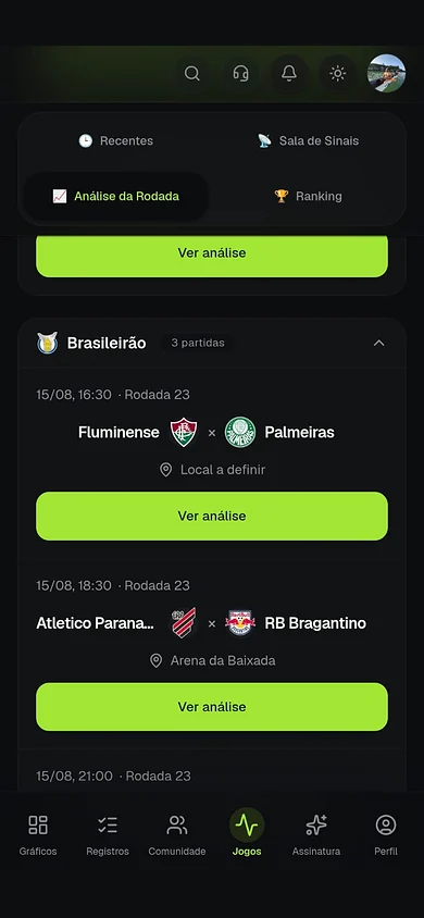 TipGestor no celular exibindo os jogos do Brasileirão agrupados por competição, com escudos